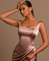 Dusty Rose Mermaid Prom Dress UK: Spaghetti-Straps Square Neck Online-ballbellauk