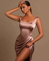 Dusty Rose Mermaid Prom Dress UK: Spaghetti-Straps Square Neck Online-ballbellauk