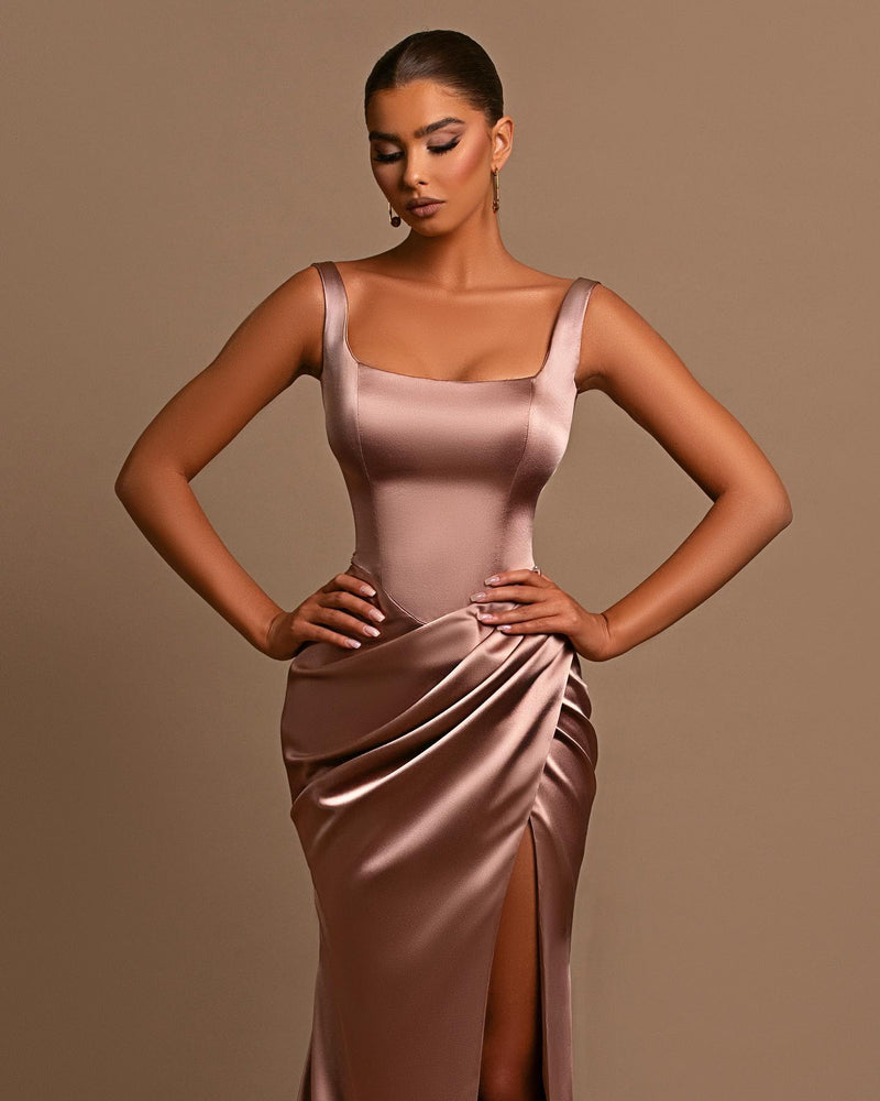 Dusty Rose Mermaid Prom Dress UK: Spaghetti-Straps Square Neck Online-ballbellauk