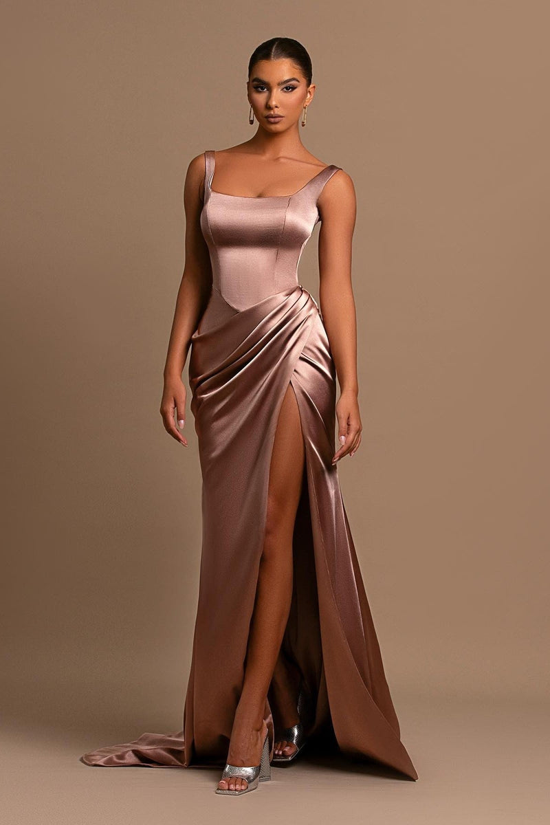 Dusty Rose Mermaid Prom Dress UK: Spaghetti-Straps Square Neck Online-ballbellauk