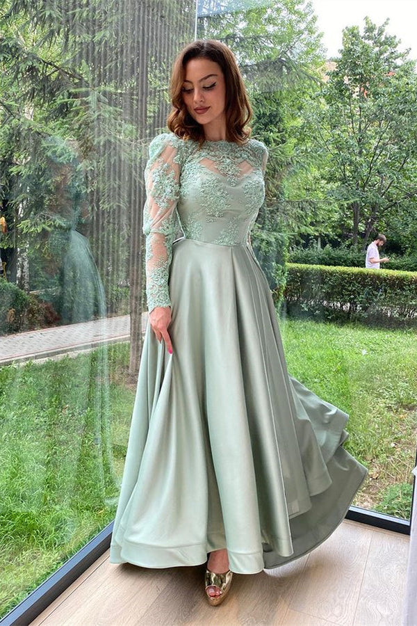 Dusty Sage Evening Dress With Long Split Sleeves and Lace Accents-ballbellauk