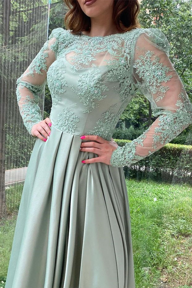 Dusty Sage Evening Dress With Long Split Sleeves and Lace Accents-ballbellauk