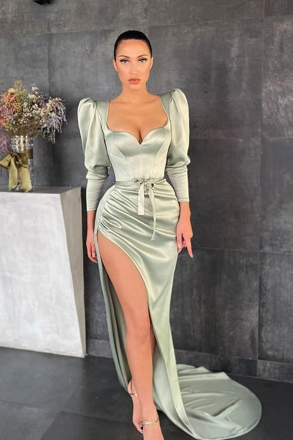 Dusty Sage Long Sleeve Split Prom Dress UK-ballbellauk