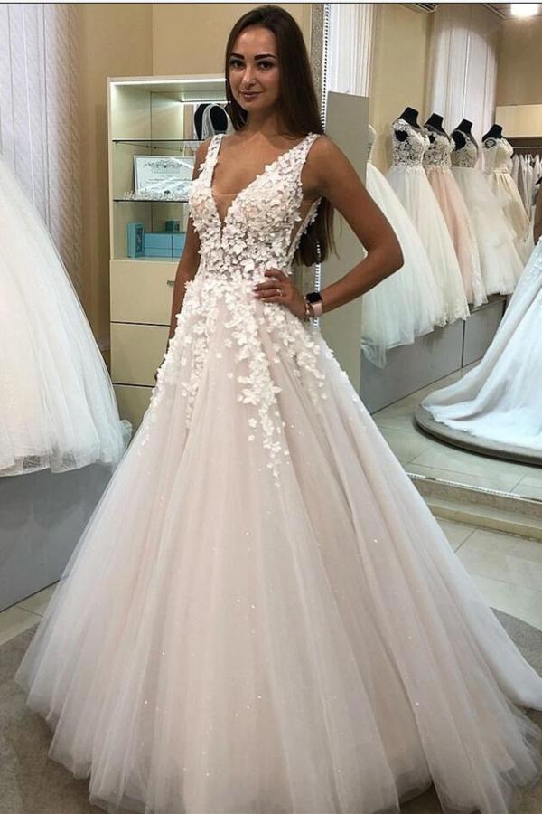 Elegant 3D Floral Long A-line Wedding Dress UK with V-neck Tulle-ballbellauk