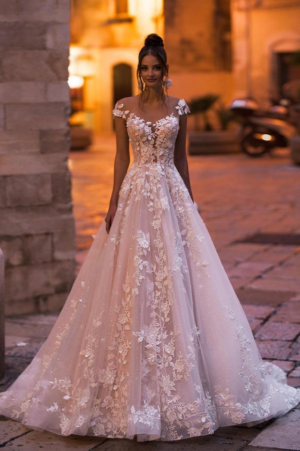 Elegant A-Line Bateau Backless Floor-length Sequins Wedding Dress UK with Appliques Lace-ballbellauk