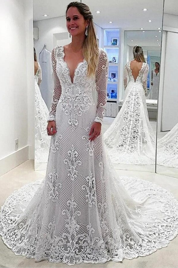 Elegant A-Line Deep V-neck Backless Long Sleeves Wedding Dress UK With Pearl Appliques and Lace-ballbellauk