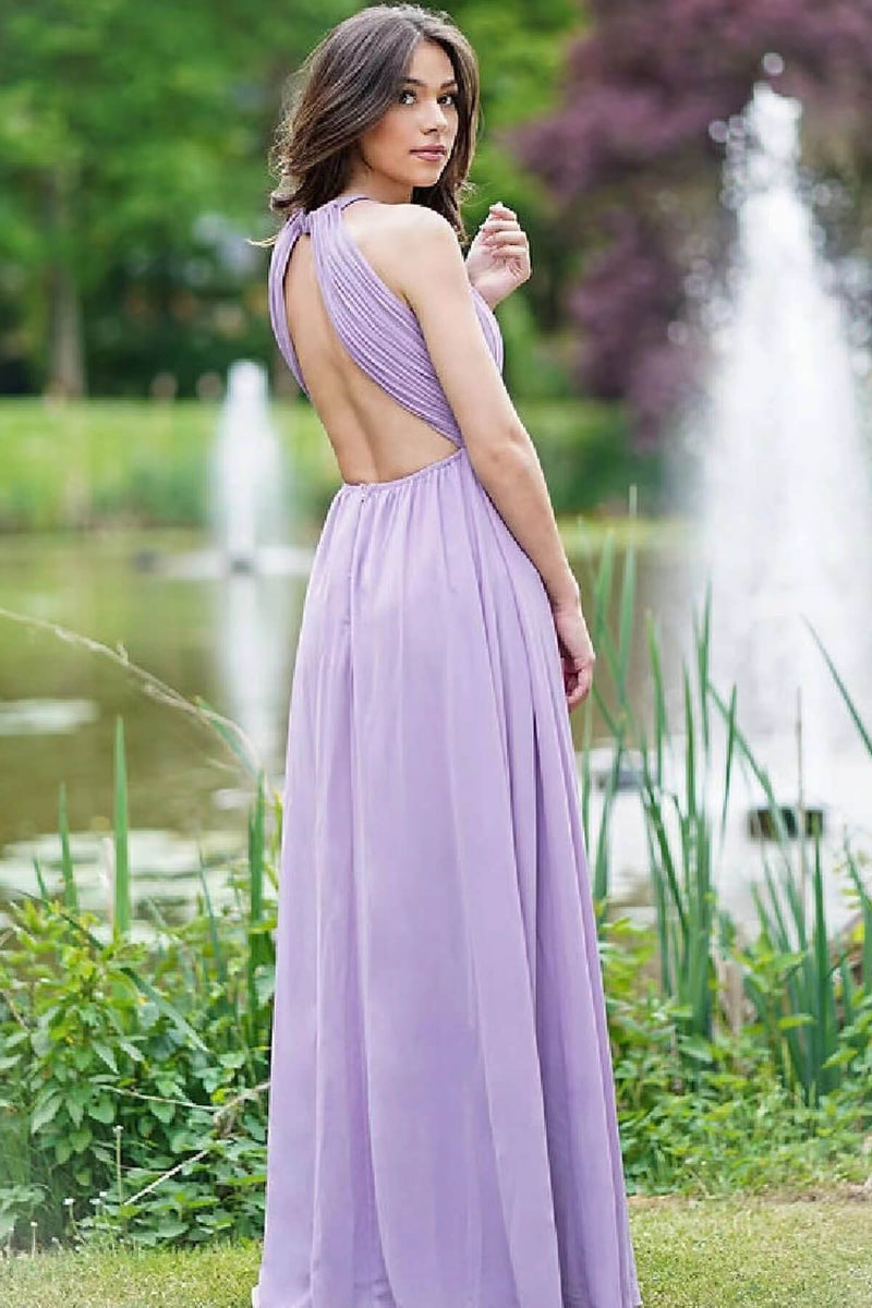 Elegant A-Line Prom Dress UK with Halter Neckline & Open Back - Lilac-ballbellauk