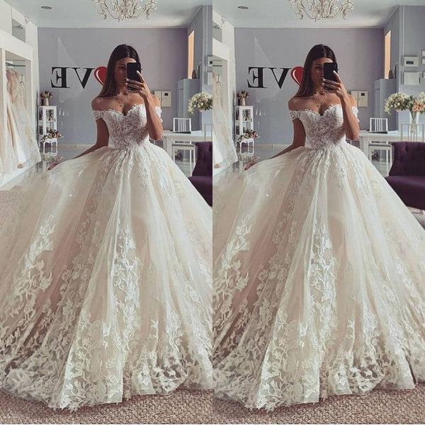 Elegant Ball Gown Princess Wedding Dress Lace Bridal Gown Off-the-Shoulder-ballbellauk