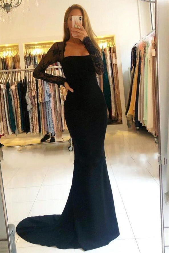 Elegant Black Lace Long Sleeve Mermaid Prom Dress UK-ballbellauk