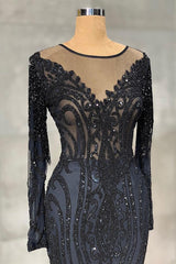 Elegant Black Mermaid Evening Dress with Long Sleeves and Appliques-ballbellauk