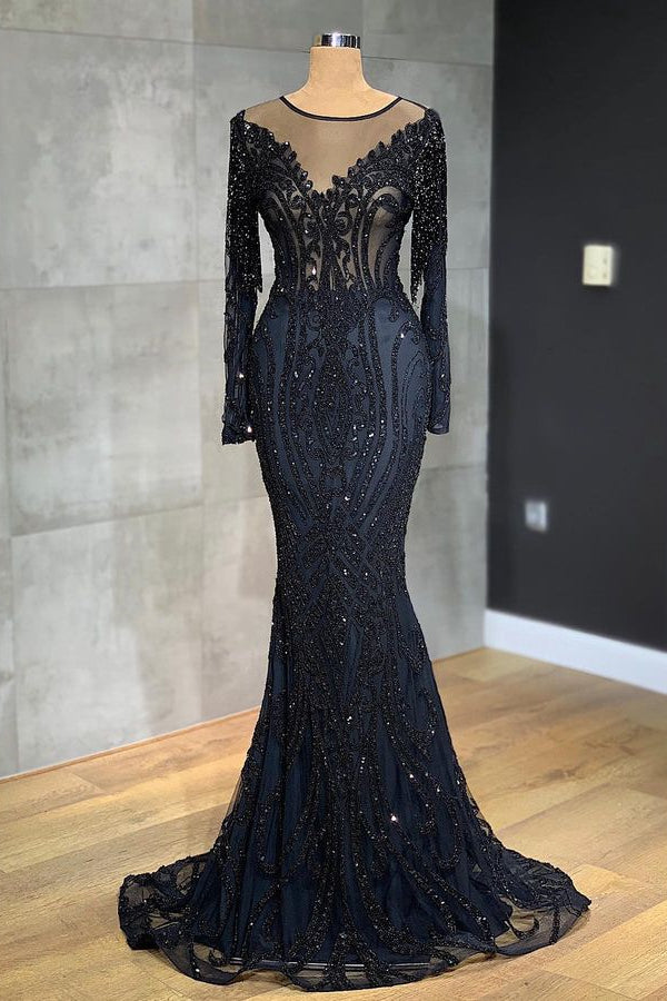 Elegant Black Mermaid Evening Dress with Long Sleeves and Appliques-ballbellauk