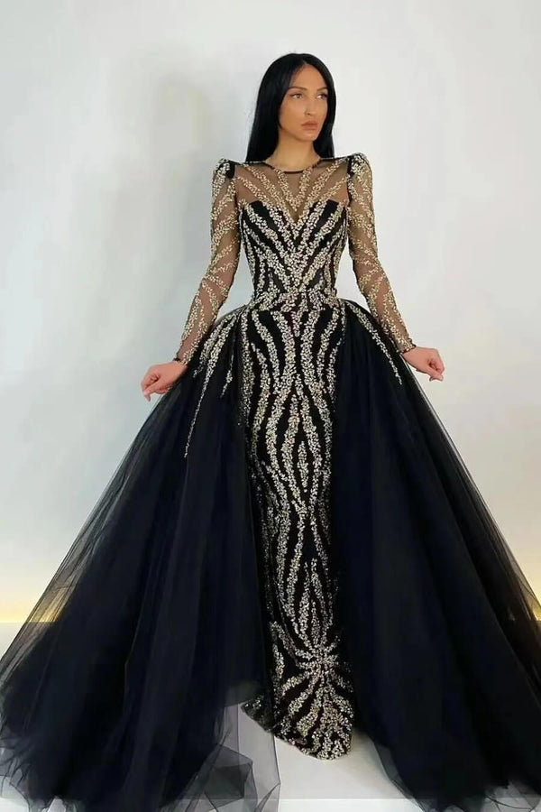 Elegant Black Mermaid Prom Dress UK with Appliques & Detachable Ruffles Long Sleeves-ballbellauk