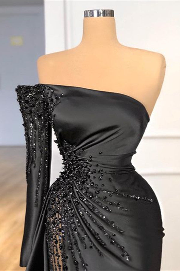 Elegant Black One Shoulder Prom Dress Beadings Ball Dresses Long Sleeve-ballbellauk