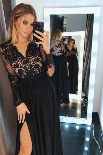 Elegant Black Prom Dress UK with Slit Sleeves-ballbellauk