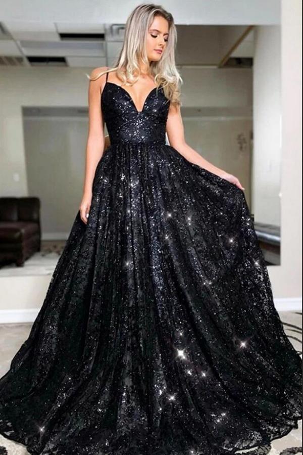 Elegant Black Sequins Long Evening Prom Dress Spaghetti-Straps-ballbellauk