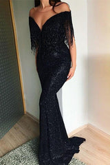 Elegant Black Sequins Tassles Mermaid Prom Dress UK-ballbellauk