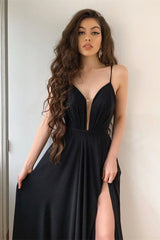 Elegant Black Spaghetti-Straps Long Prom Dress UK With Slit-ballbellauk