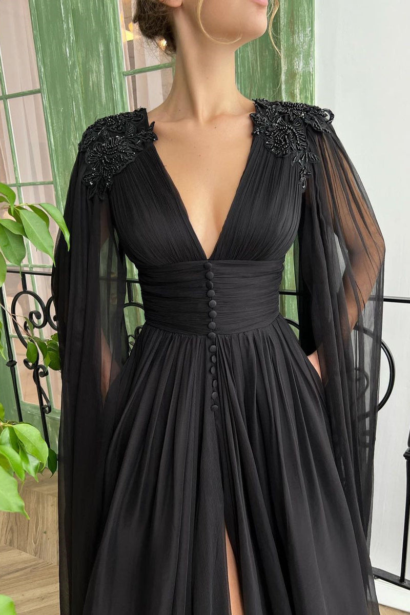 Elegant Black Tulle Evening Dress with Deep V Neck, Front Slit, and Ruffle Sleeves-ballbellauk