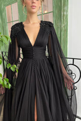 Elegant Black Tulle Evening Dress with Deep V Neck, Front Slit, and Ruffle Sleeves-ballbellauk