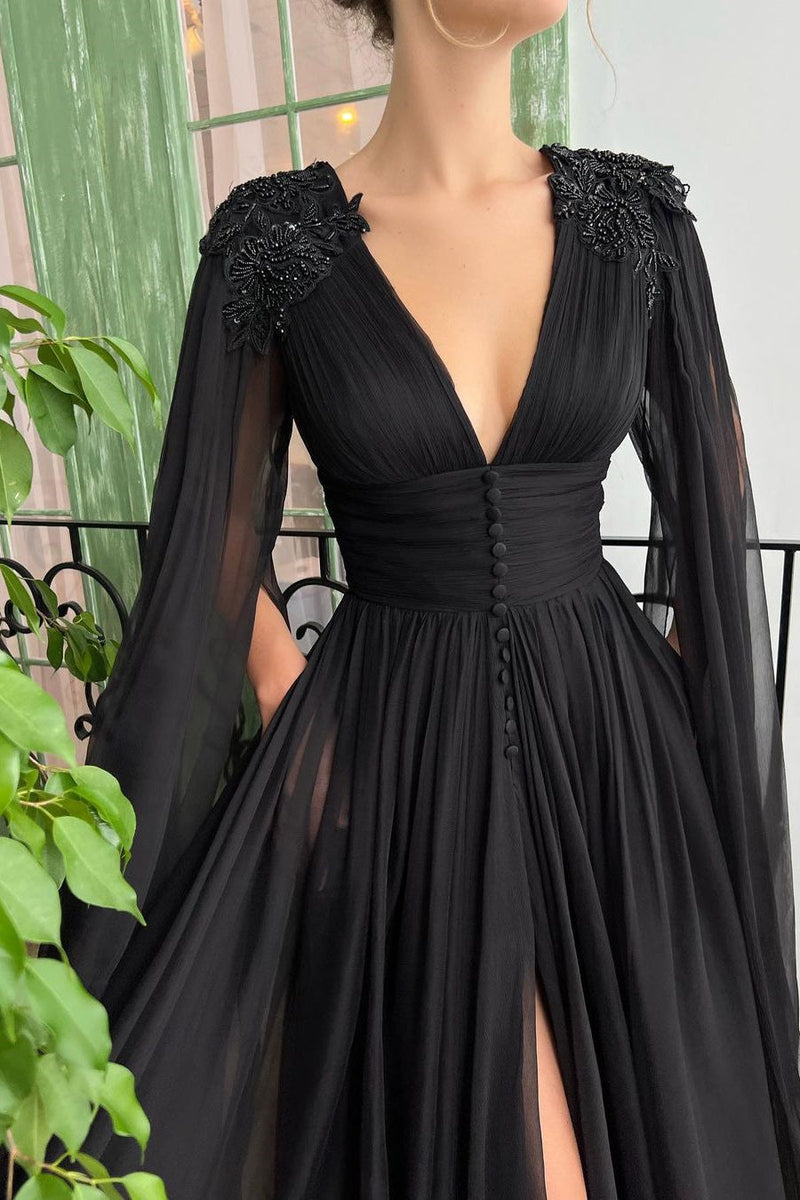 Elegant Black Tulle Evening Dress with Deep V Neck, Front Slit, and Ruffle Sleeves-ballbellauk