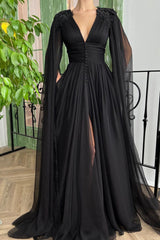 Elegant Black Tulle Evening Dress with Deep V Neck, Front Slit, and Ruffle Sleeves-ballbellauk