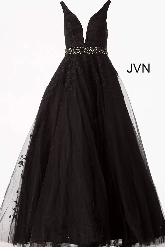 Elegant Black V-Neck Prom Dress UK with Applique Beadings-ballbellauk