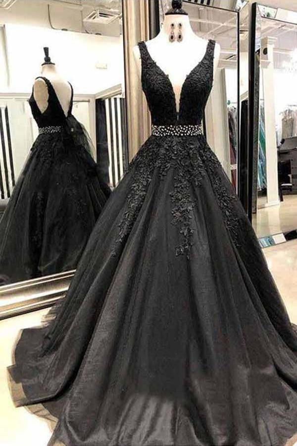 Elegant Black V-Neck Prom Dress UK with Applique Beadings-ballbellauk