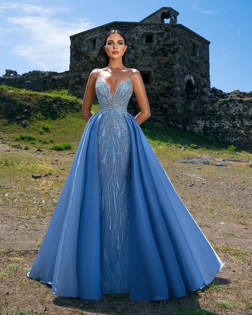 Elegant Blue Prom Dress UK with Spaghetti Straps and Sequins Overskirt-ballbellauk