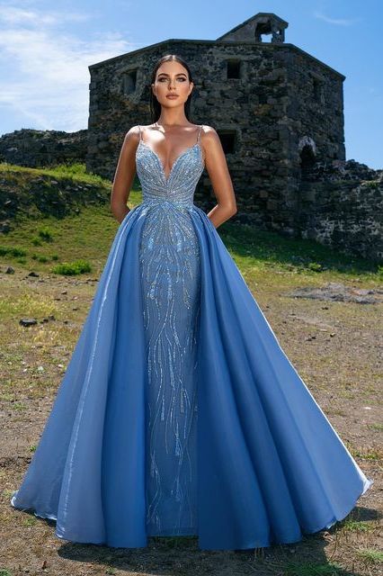 Elegant Blue Prom Dress UK with Spaghetti Straps and Sequins Overskirt-ballbellauk