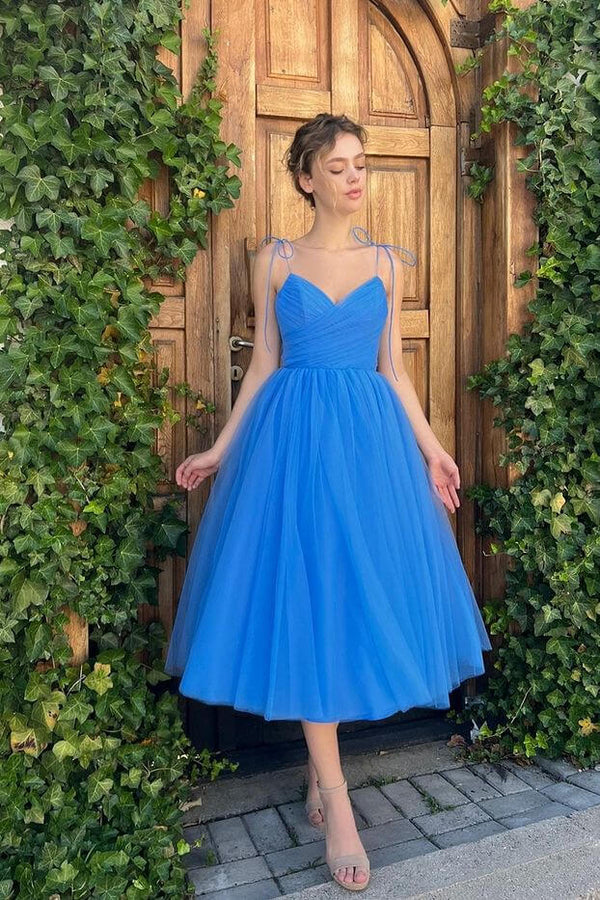 Elegant Blue Sweetheart Short Prom Dress UK with Spaghetti-Straps Online-ballbellauk