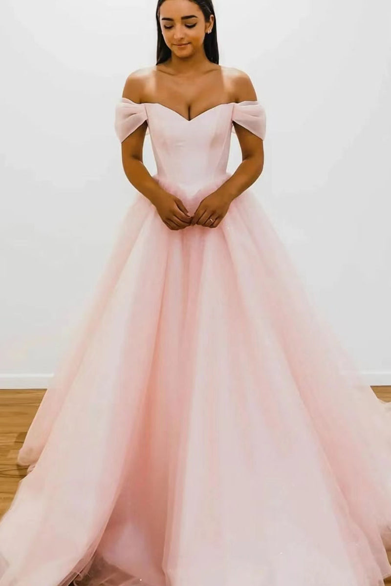 Elegant Blushing Pink V-Neck Evening Dress With Tulle and Off-The-Shoulder Strapless Design-ballbellauk