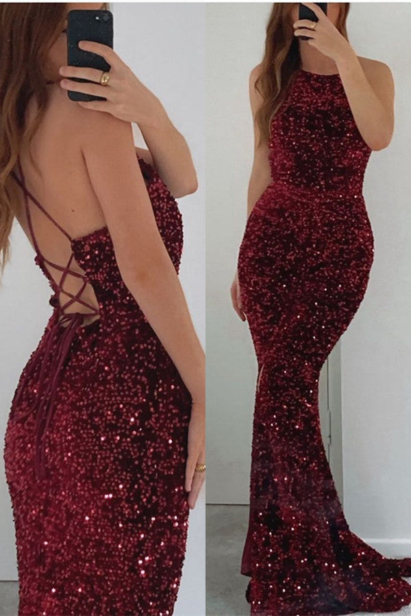 Elegant Burgundy Mermaid Prom Dress UK with Sequins-ballbellauk