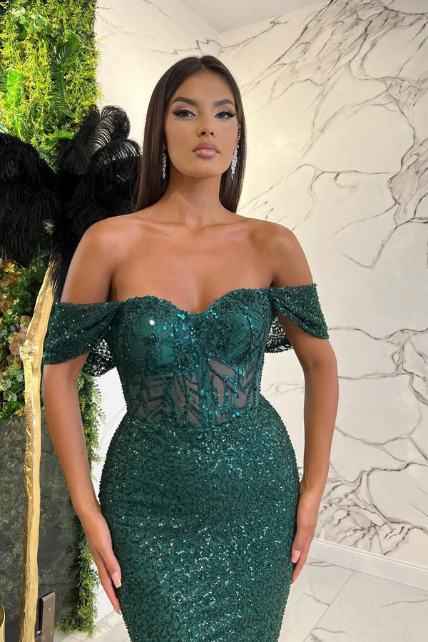 Elegant Dark Green Sweetheart Off-The-Shoulder Prom Dress UK with Applique Sequins-ballbellauk