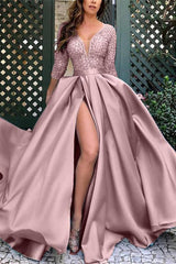 Elegant Deep V Neck Satin Prom Dress UK with 3/4 Sleeves and Lace Split-ballbellauk