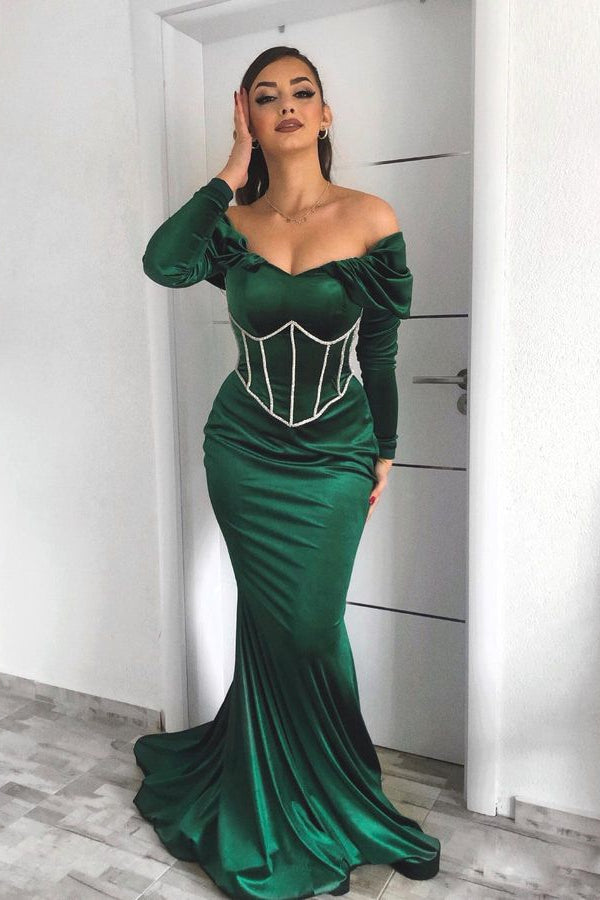 Elegant Emerald Long Sleeves Mermaid Evening Dress With Appliques-ballbellauk