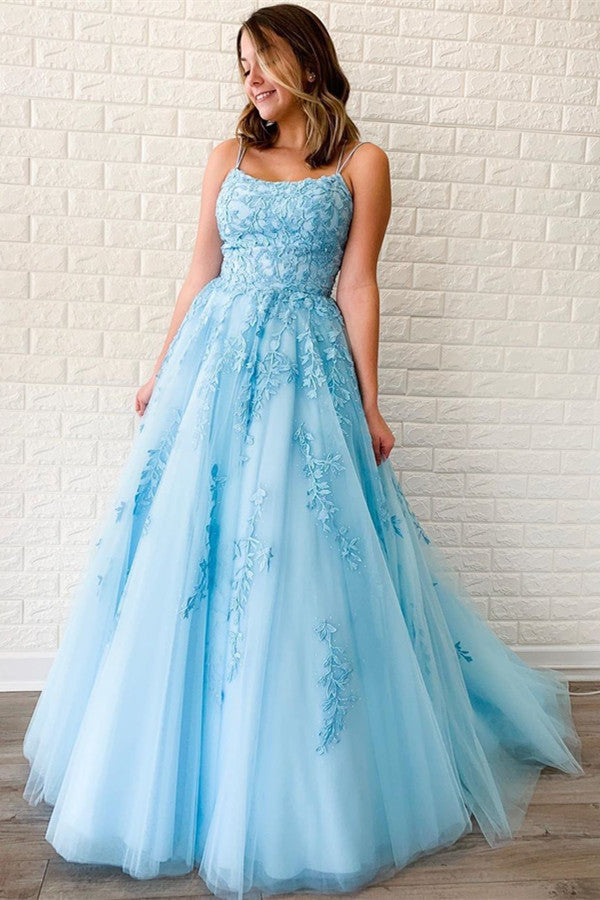 Elegant Evening Dress with Sky Blue Spaghetti-Straps Appliques-ballbellauk