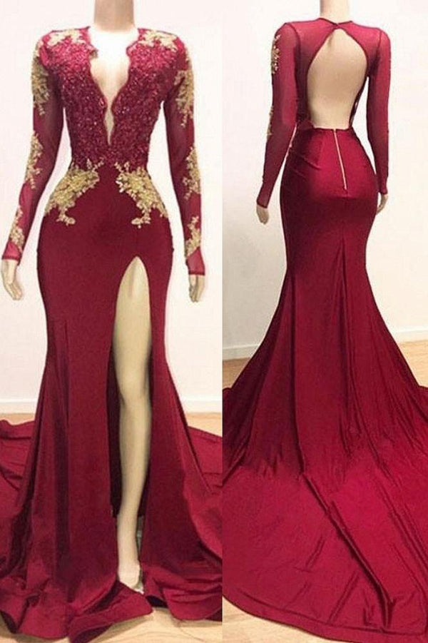 Elegant Evening Dresses With Lace Appliques - Long Sleeves Mermaid-ballbellauk