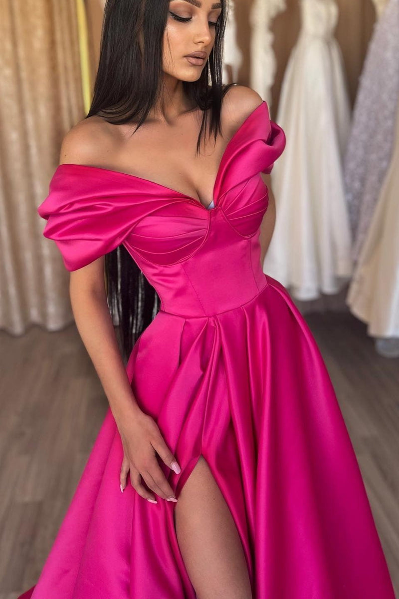 Elegant Fuchsia Off-the-Shoulder Evening Dresses Long Slit V-Neck-ballbellauk