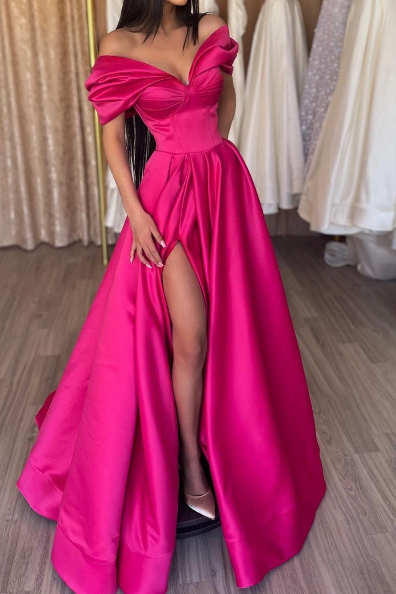 Elegant Fuchsia Off-the-Shoulder Evening Dresses Long Slit V-Neck-ballbellauk