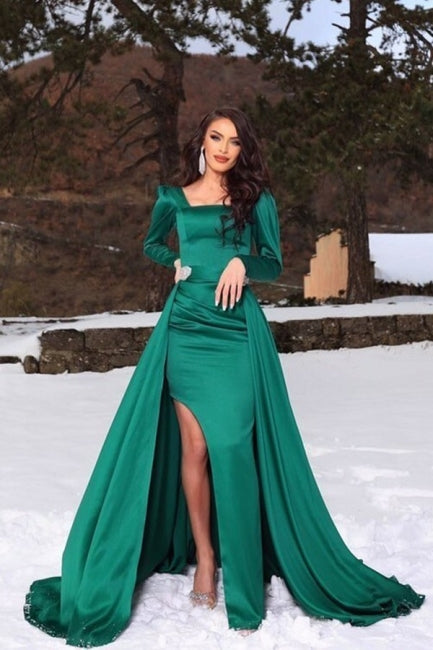 Elegant Green A-Line Satin Prom Dresses With Ruffles Square Long-Sleeve-ballbellauk