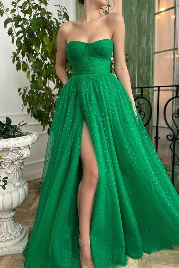 Elegant Green Sweetheart Split Prom Dress UK with Tulle Sleeves-ballbellauk