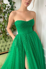 Elegant Green Sweetheart Split Prom Dress UK with Tulle Sleeves-ballbellauk