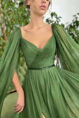 Elegant Green Tulle Split Prom Dress UK with Puffy Long Sleeves-ballbellauk