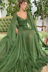 Elegant Green Tulle Split Prom Dress UK with Puffy Long Sleeves-ballbellauk