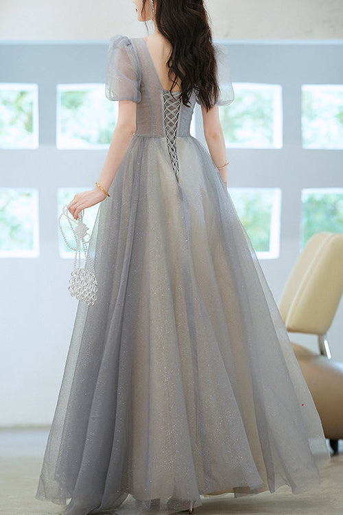 Elegant Grey V-Neck Long Evening Dress With Short Sleeves Sequins-ballbellauk