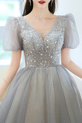 Elegant Grey V-Neck Long Evening Dress With Short Sleeves Sequins-ballbellauk