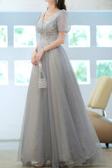 Elegant Grey V-Neck Long Evening Dress With Short Sleeves Sequins-ballbellauk