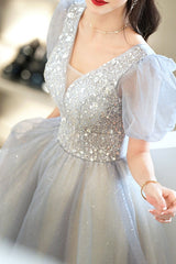 Elegant Grey V-Neck Long Evening Dress With Short Sleeves Sequins-ballbellauk