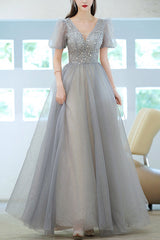 Elegant Grey V-Neck Long Evening Dress With Short Sleeves Sequins-ballbellauk