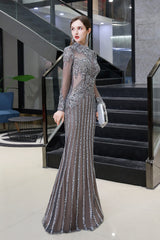 Elegant High Neck Long Sleeved Evening Dress Mermaid with Beadings & Rhinestones-ballbellauk